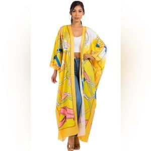 New Yellow Chain Print Maxi Kimono Kaftan Size Large
